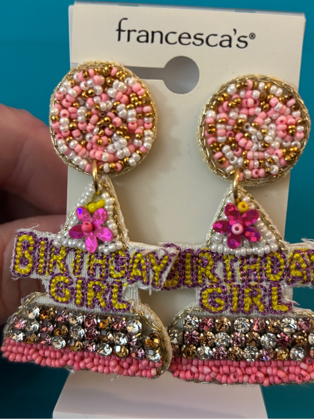 Francesca's Pink, Gold & White Beaded 'Birthday Girl' Statement Earrings
